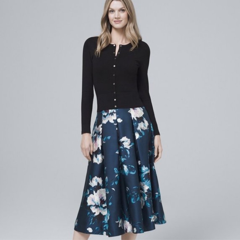 WHBM Blue and Pink Floral Print Full Midi Skirt, 00